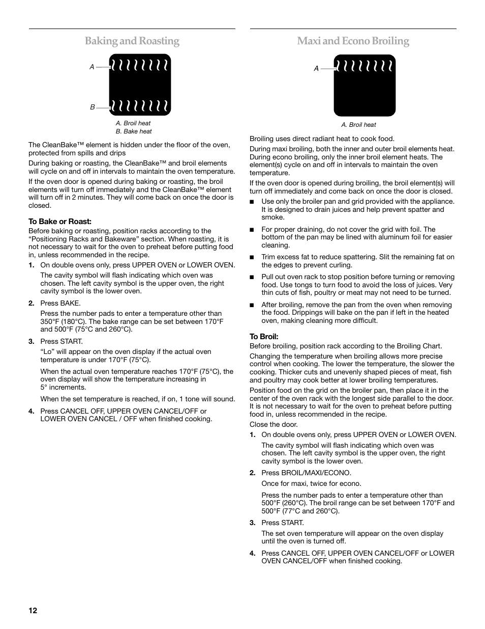 Baking and roasting, Maxi and econo broiling | KITCHENAID KEBC177 User Manual | Page 12 / 24