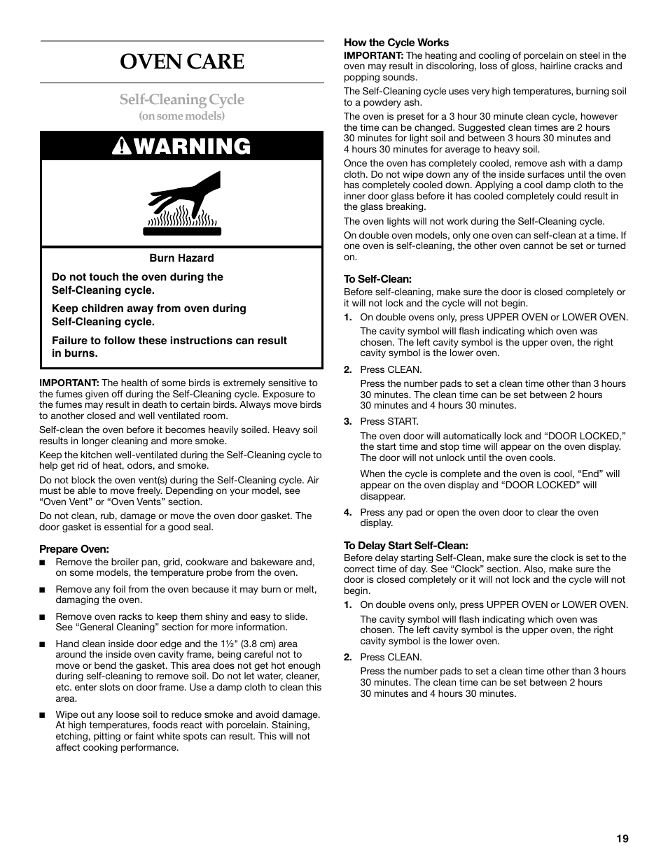 Oven care, Warning, Self-cleaning cycle | KITCHENAID KEBC177 User Manual | Page 19 / 24