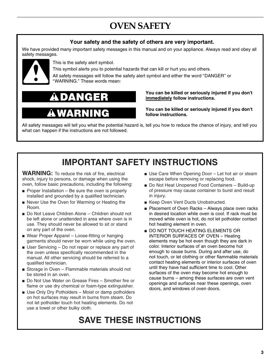 Oven safety, Save these instructions, Important safety instructions | Warning | KITCHENAID KEBC177 User Manual | Page 3 / 24