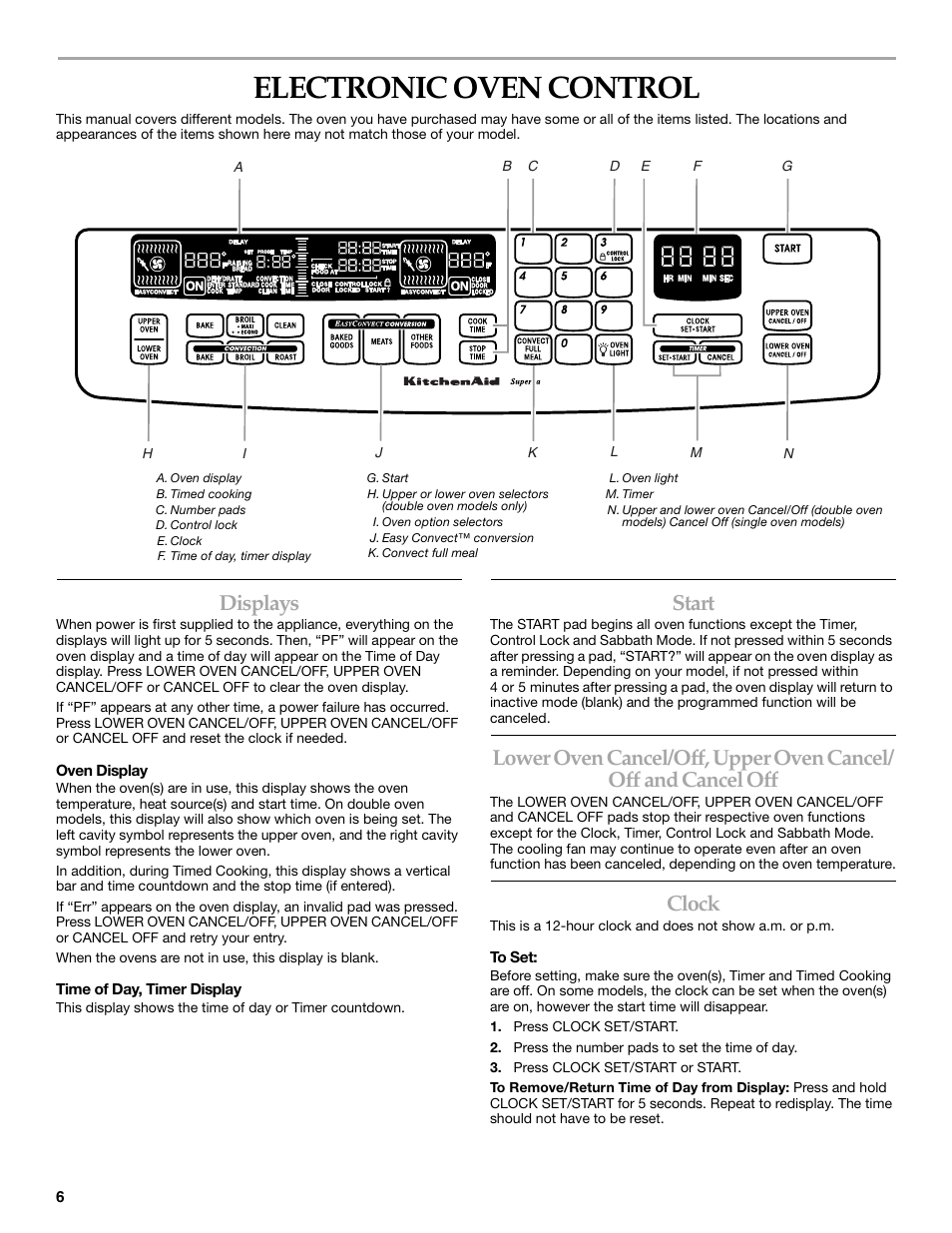 Electronic oven control, Displays, Start | Clock | KITCHENAID KEBC177 User Manual | Page 6 / 24