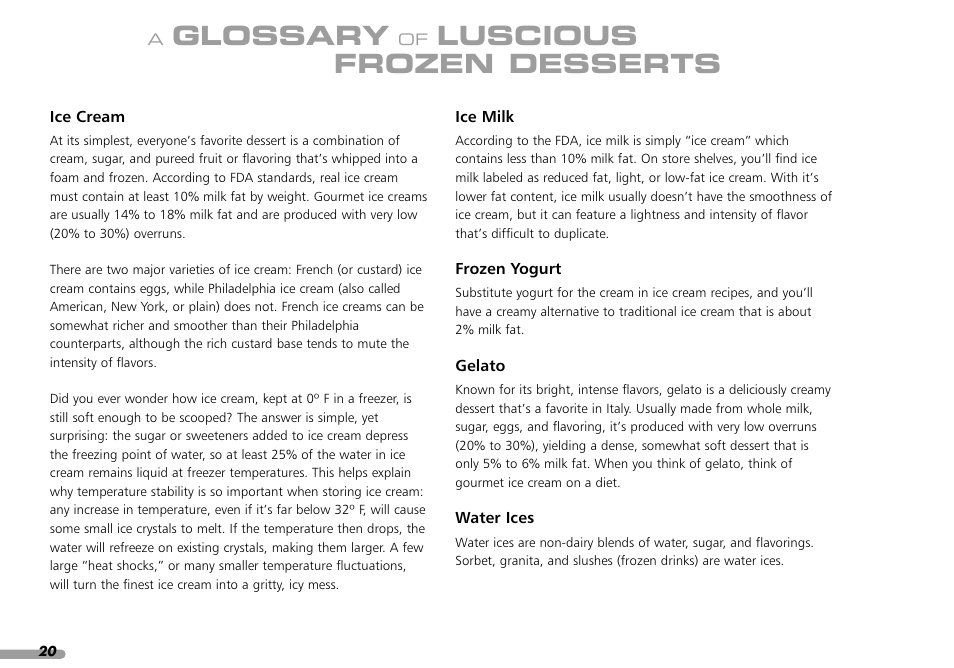Glossary, Luscious frozen desserts | KITCHENAID KPFD200 User Manual | Page 22 / 60
