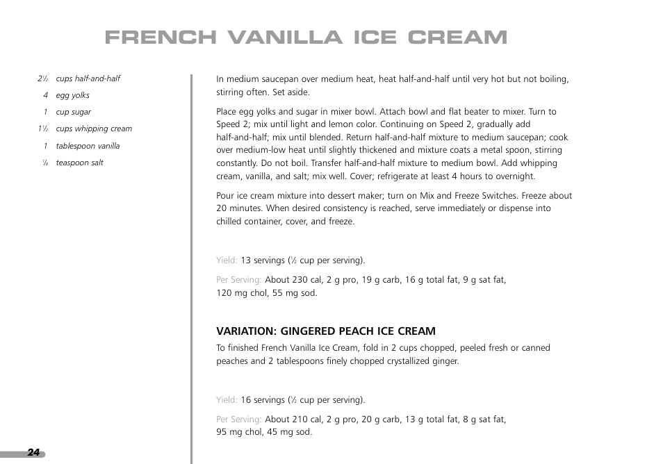 French vanilla ice cream, Variation: gingered peach ice cream | KITCHENAID KPFD200 User Manual | Page 26 / 60