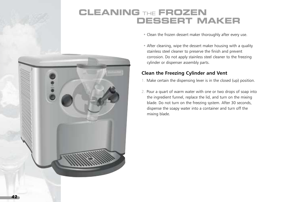 Cleaning, Frozen dessert maker | KITCHENAID KPFD200 User Manual | Page 44 / 60