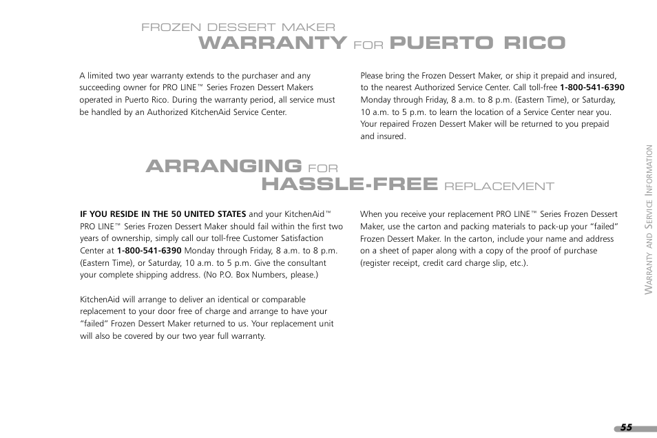 Warranty, Puerto rico, Arranging | Hassle-free | KITCHENAID KPFD200 User Manual | Page 57 / 60