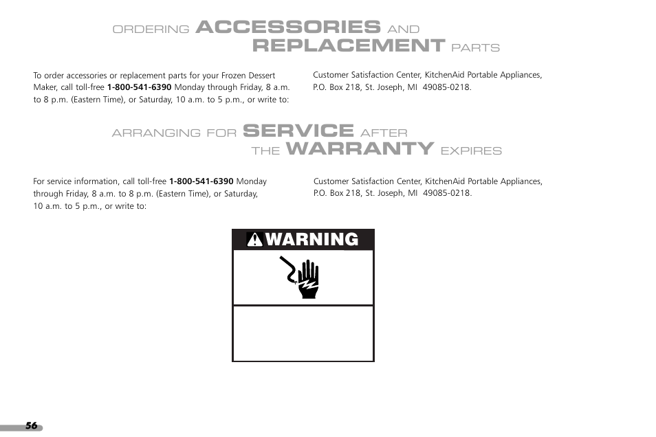 Accessories, Replacement, Service | Warranty, Warning | KITCHENAID KPFD200 User Manual | Page 58 / 60