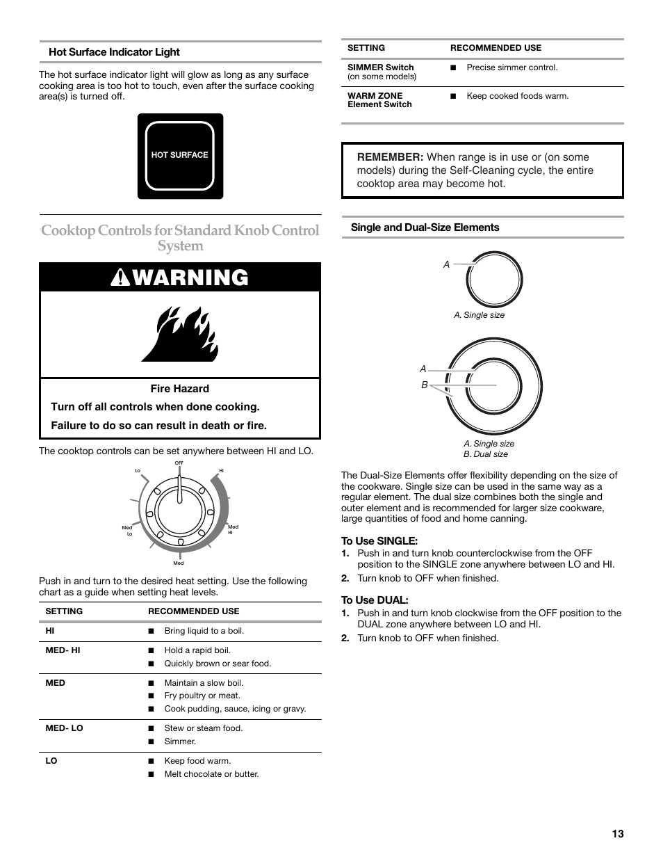 Warning, Cooktop controls for standard knob control system | KITCHENAID 9762265 User Manual | Page 13 / 32