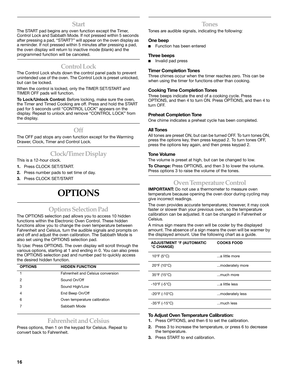 Options, Start, Control lock | Clock/timer display, Options selection pad, Fahrenheit and celsius, Tones, Oven temperature control | KITCHENAID 9762265 User Manual | Page 16 / 32