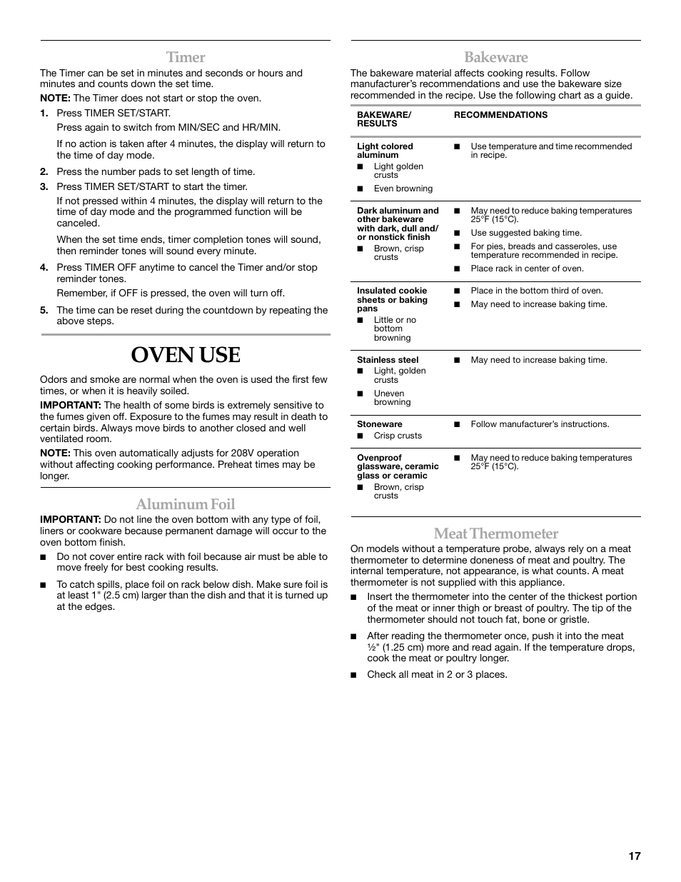 Oven use, Timer, Aluminum foil | Bakeware, Meat thermometer | KITCHENAID 9762265 User Manual | Page 17 / 32