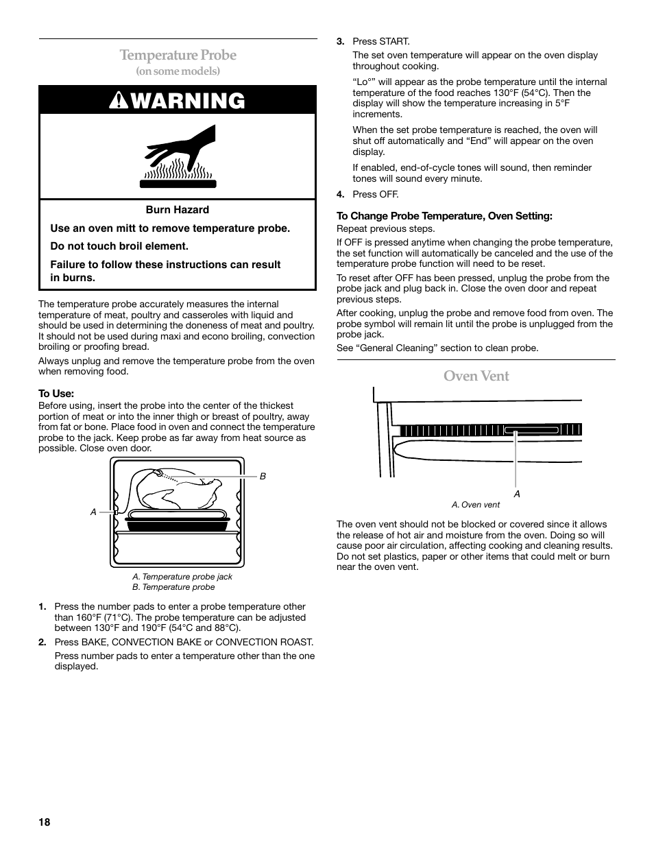 Warning, Temperature probe, Oven vent | KITCHENAID 9762265 User Manual | Page 18 / 32