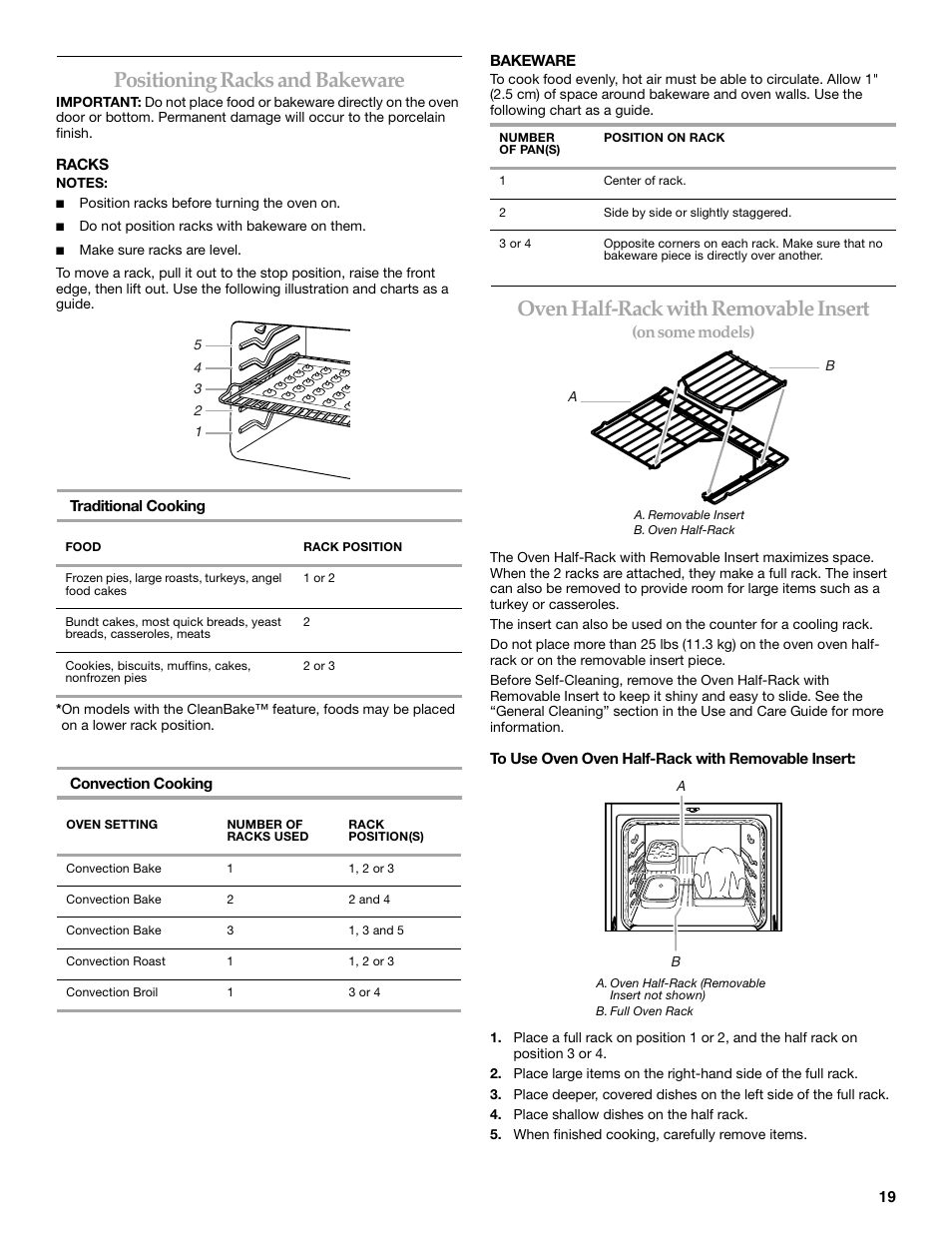 Positioning racks and bakeware, Oven half-rack with removable insert, On some models) | KITCHENAID 9762265 User Manual | Page 19 / 32