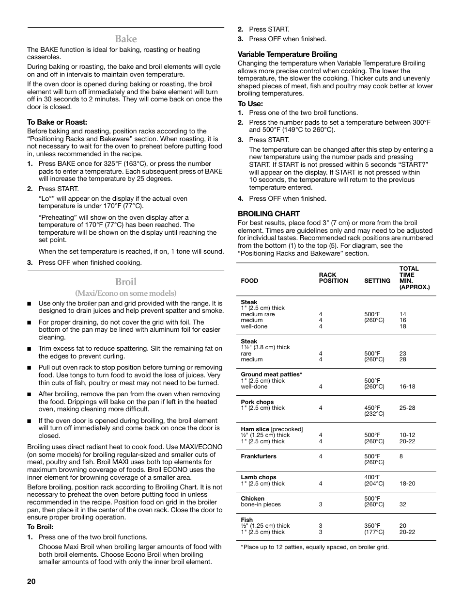 Bake, Broil, Maxi/econo on some models) | KITCHENAID 9762265 User Manual | Page 20 / 32