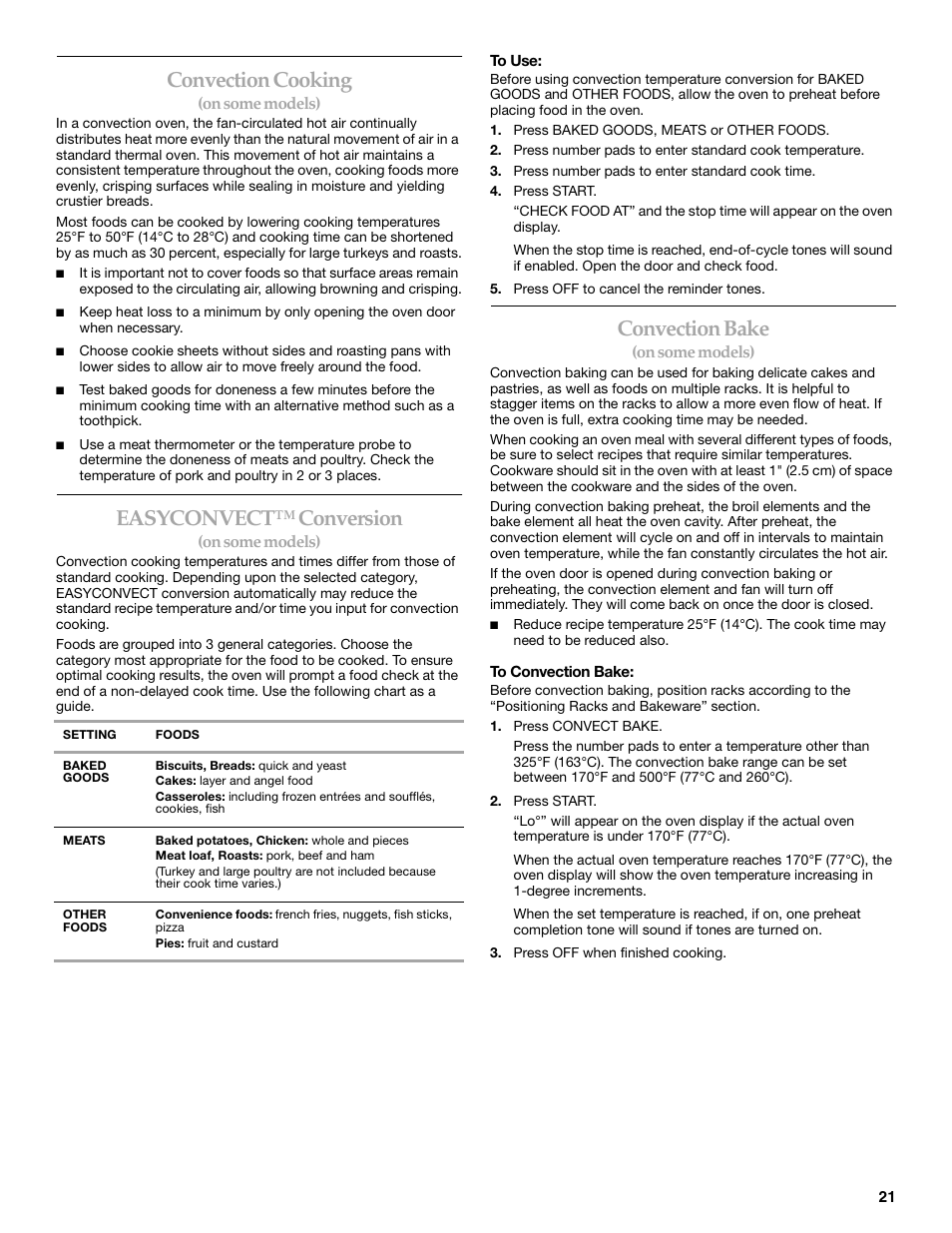 Convection cooking, Easyconvect™ conversion, Convection bake | KITCHENAID 9762265 User Manual | Page 21 / 32