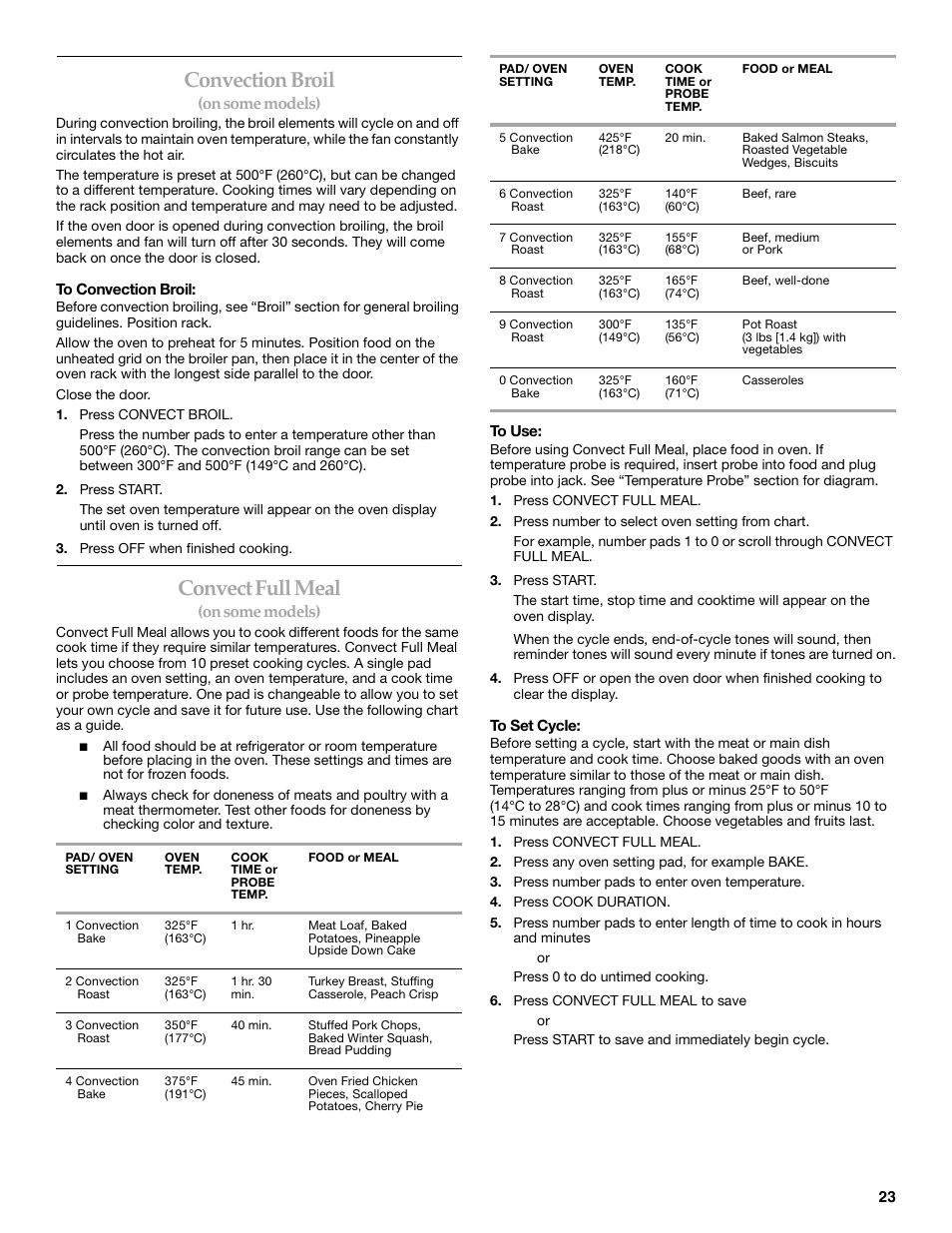 Convection broil, Convect full meal, On some models) | KITCHENAID 9762265 User Manual | Page 23 / 32