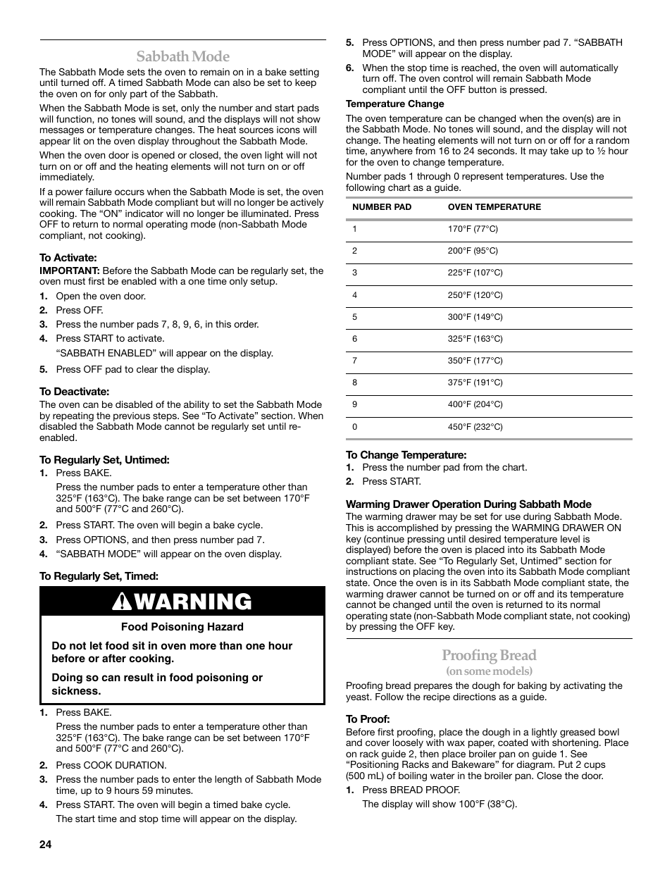 Warning, Sabbath mode, Proofing bread | KITCHENAID 9762265 User Manual | Page 24 / 32