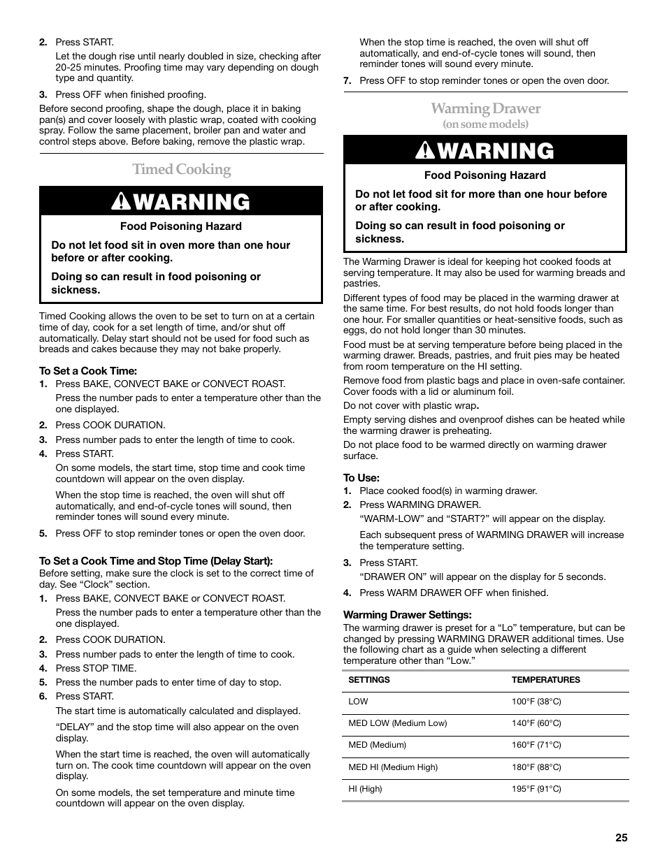 Warning, Timed cooking, Warming drawer | KITCHENAID 9762265 User Manual | Page 25 / 32