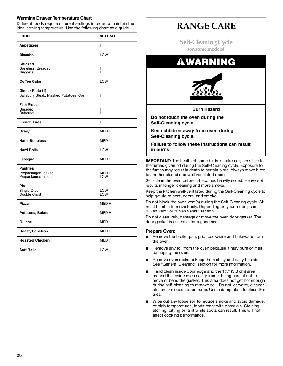 Range care, Warning, Self-cleaning cycle | On some models) | KITCHENAID 9762265 User Manual | Page 26 / 32