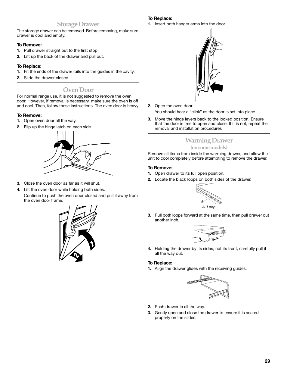 Storage drawer, Oven door, Warming drawer | KITCHENAID 9762265 User Manual | Page 29 / 32