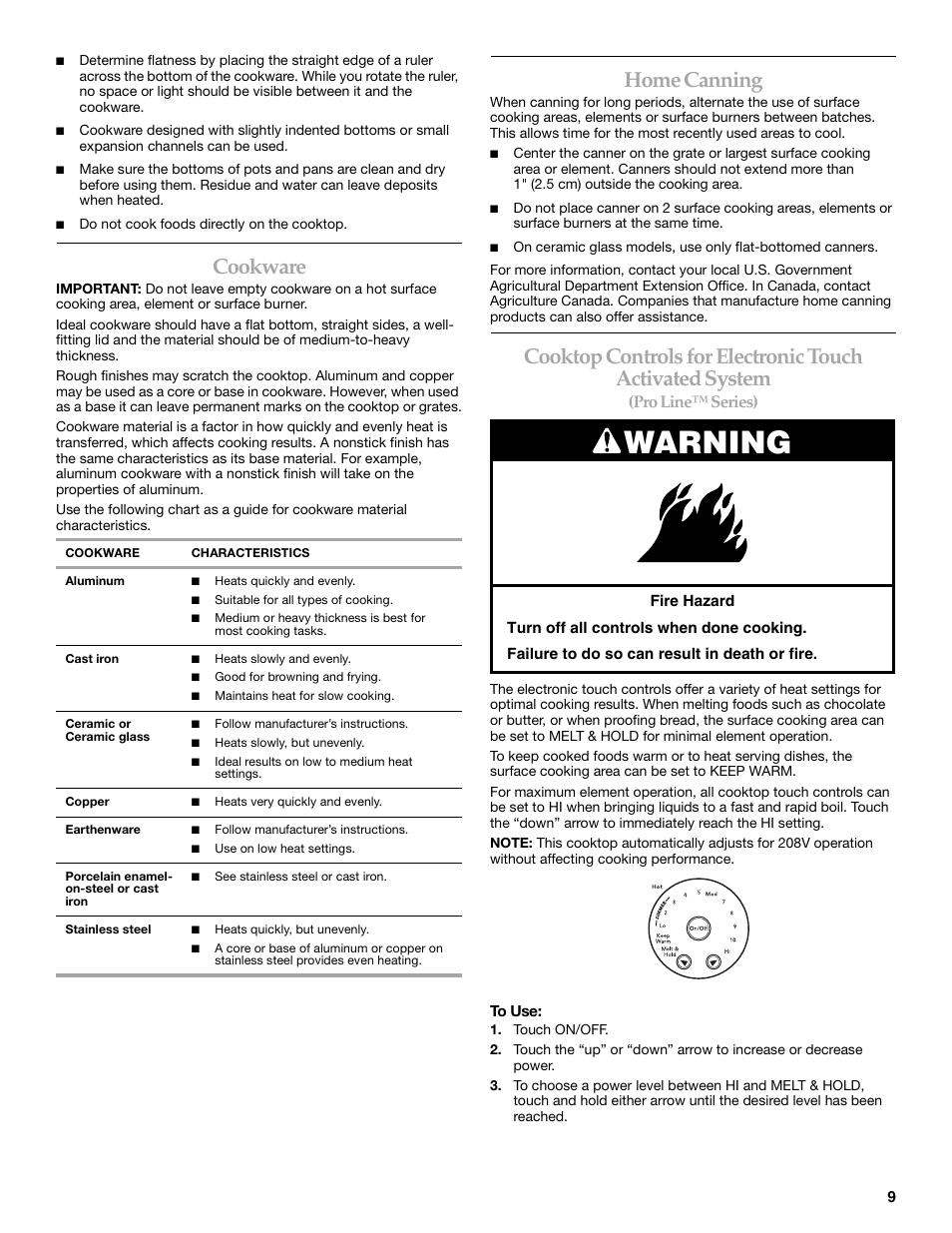 Warning, Cookware, Home canning | Pro line™ series) | KITCHENAID 9762265 User Manual | Page 9 / 32