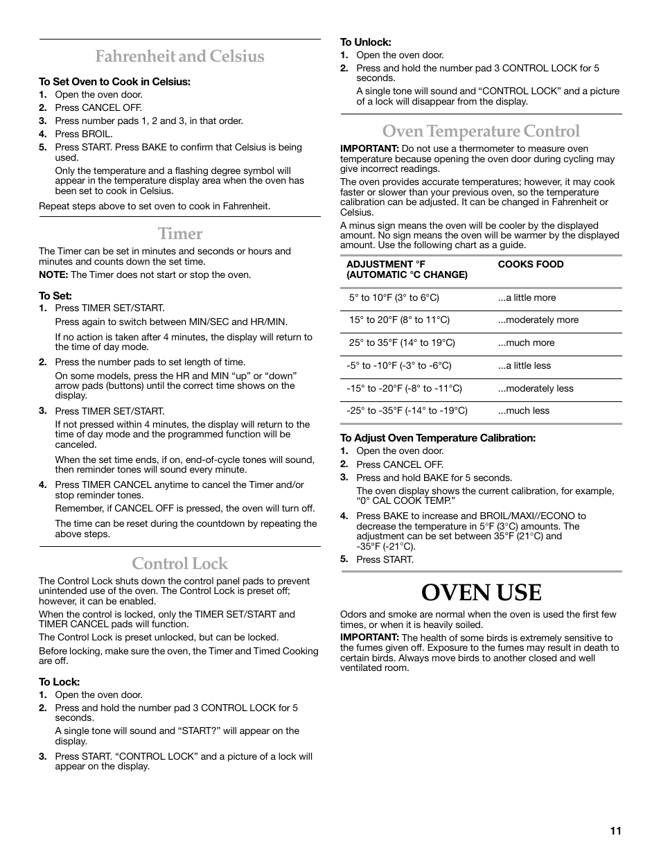 Oven use, Fahrenheit and celsius, Timer | Control lock, Oven temperature control | KITCHENAID KERC608 User Manual | Page 11 / 28