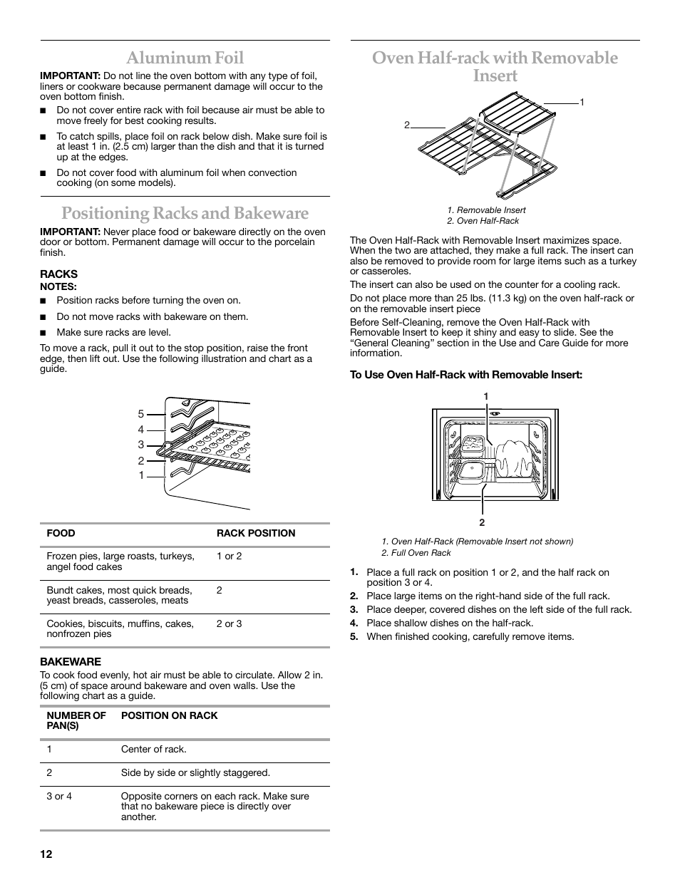 Aluminum foil, Positioning racks and bakeware, Oven half-rack with removable insert | KITCHENAID KERC608 User Manual | Page 12 / 28