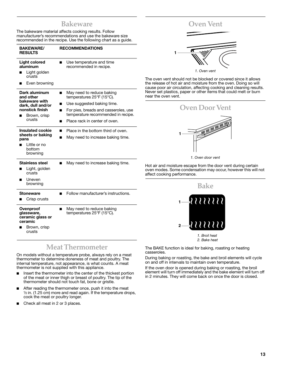 Bakeware, Meat thermometer, Oven vent | Oven door vent, Bake | KITCHENAID KERC608 User Manual | Page 13 / 28