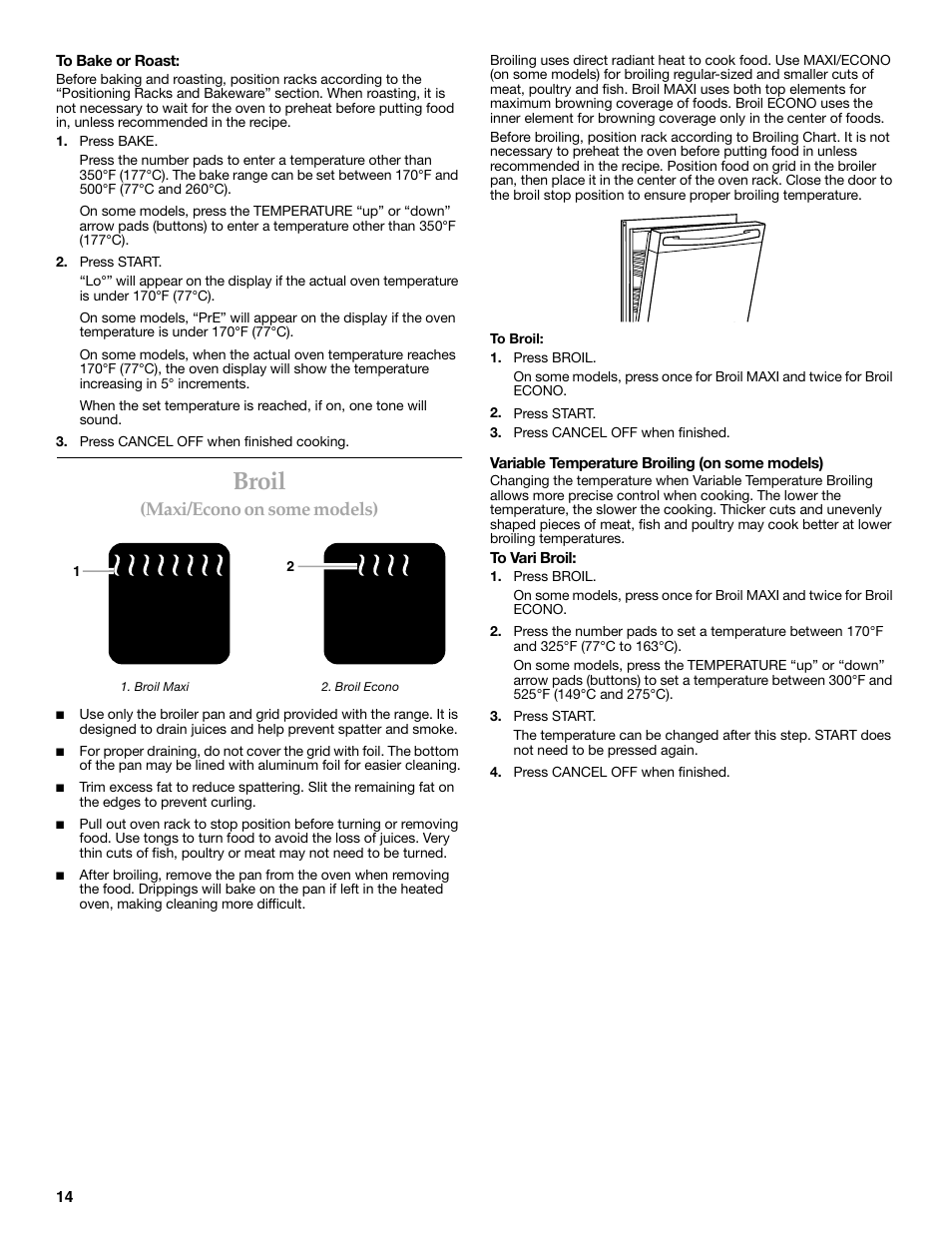 Broil, Maxi/econo on some models) | KITCHENAID KERC608 User Manual | Page 14 / 28