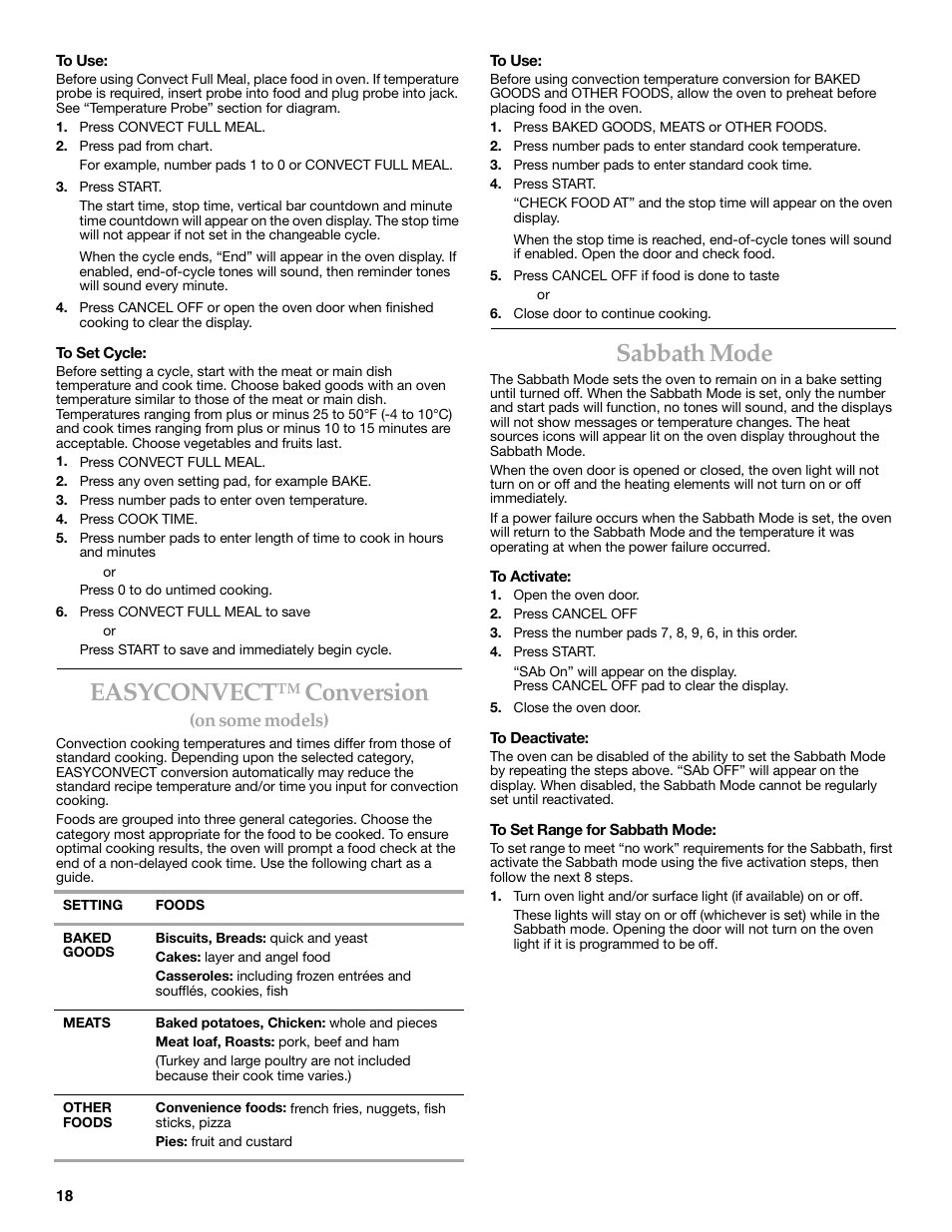 Easyconvect™ conversion, Sabbath mode | KITCHENAID KERC608 User Manual | Page 18 / 28