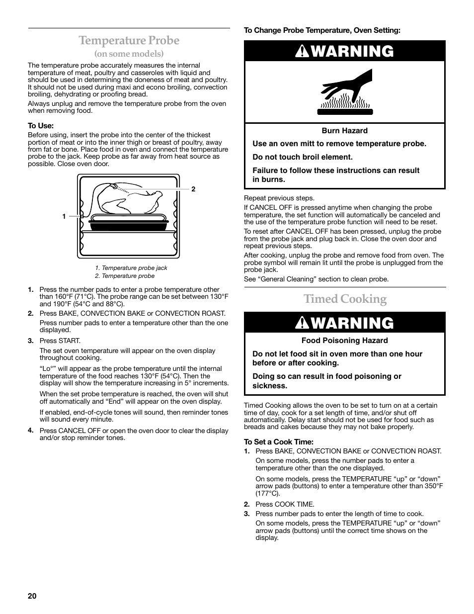 Warning, Temperature probe, Timed cooking | KITCHENAID KERC608 User Manual | Page 20 / 28