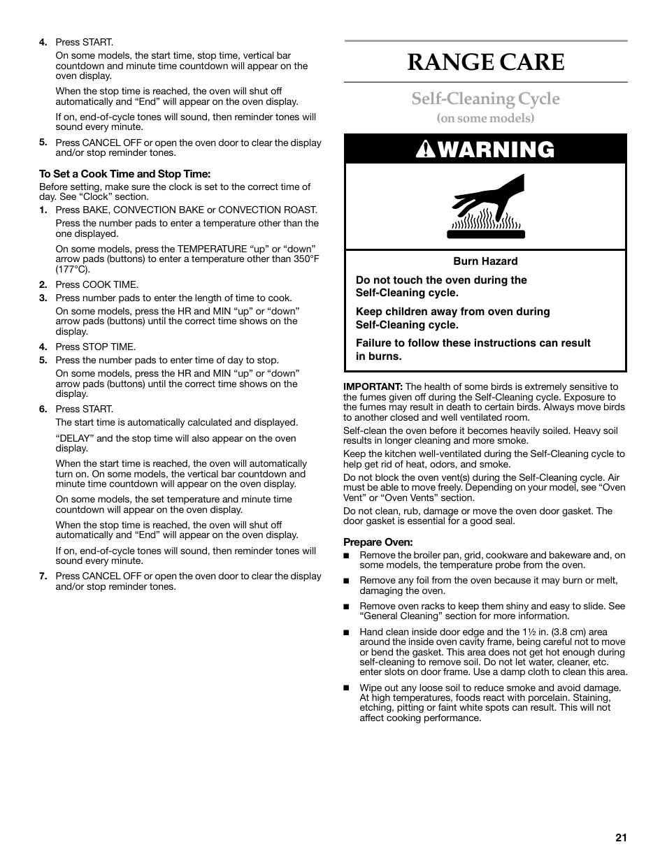 Range care, Warning, Self-cleaning cycle | KITCHENAID KERC608 User Manual | Page 21 / 28