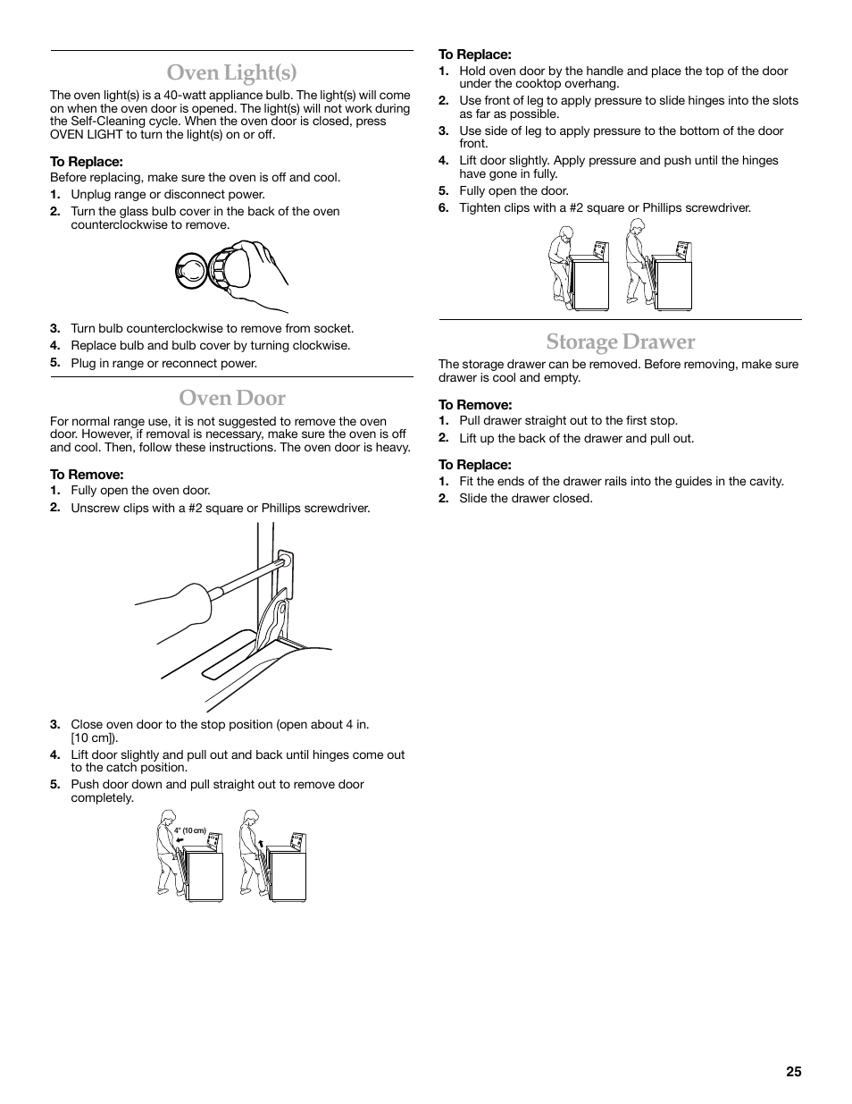 Oven light(s), Oven door, Storage drawer | KITCHENAID KERC608 User Manual | Page 25 / 28