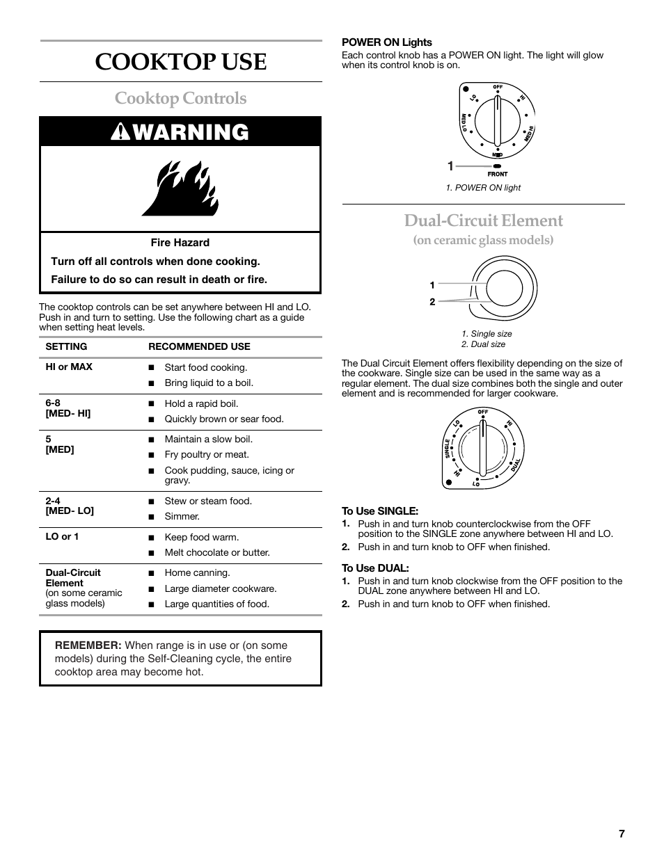 Cooktop use, Warning, Cooktop controls | Dual-circuit element, On ceramic glass models) | KITCHENAID KERC608 User Manual | Page 7 / 28