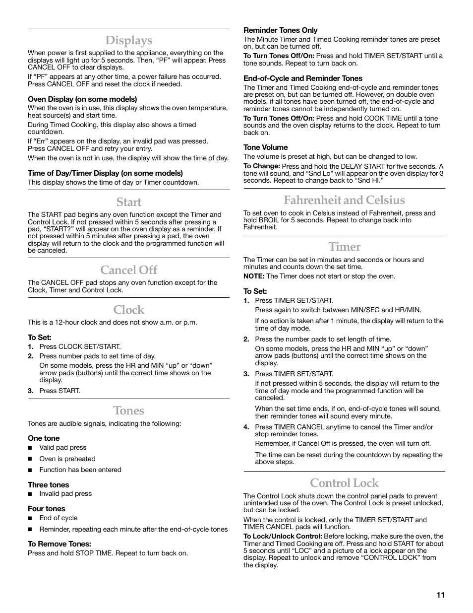 Displays, Start, Cancel off | Clock, Tones, Fahrenheit and celsius, Timer, Control lock | KITCHENAID KERC500  EN User Manual | Page 11 / 24