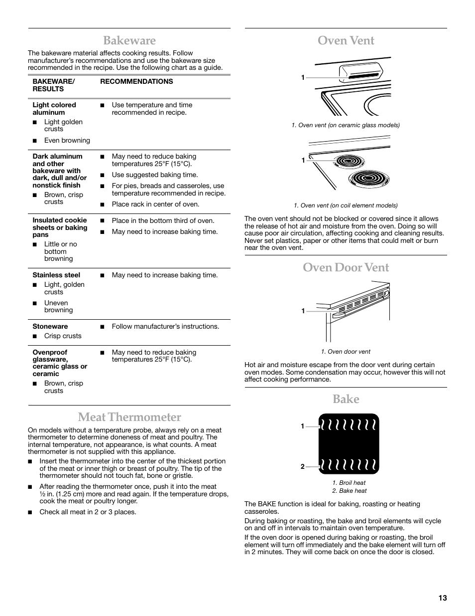 Bakeware, Meat thermometer, Oven vent | Oven door vent, Bake | KITCHENAID KERC500  EN User Manual | Page 13 / 24