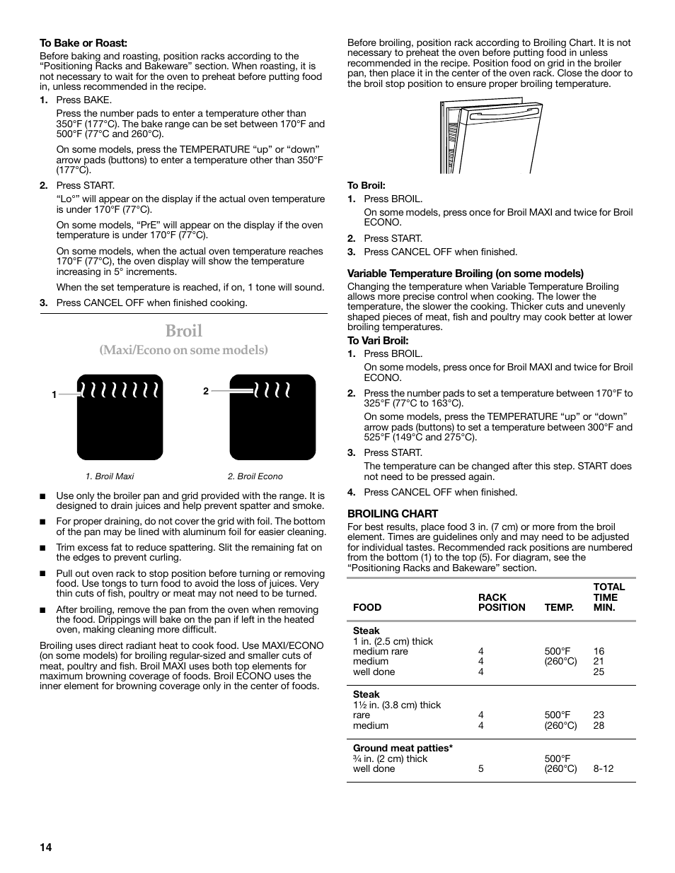 Broil, Maxi/econo on some models) | KITCHENAID KERC500  EN User Manual | Page 14 / 24