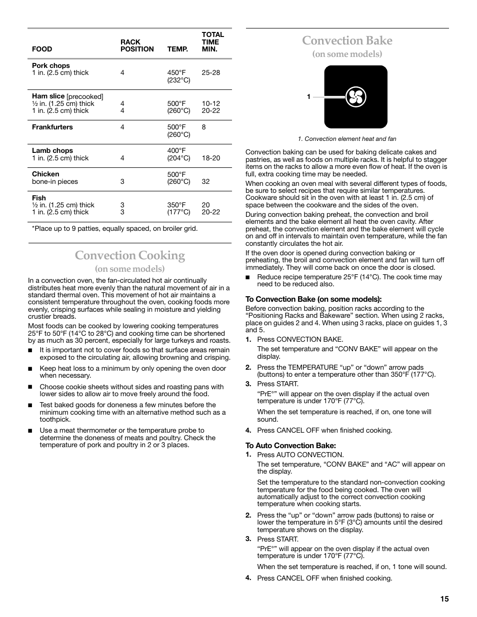 Convection cooking, Convection bake, On some models) | KITCHENAID KERC500  EN User Manual | Page 15 / 24