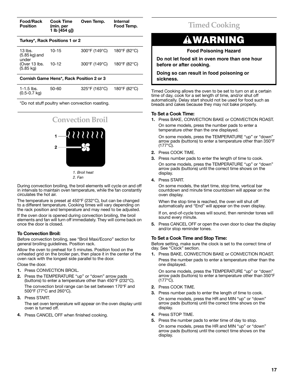 Warning, Convection broil, Timed cooking | KITCHENAID KERC500  EN User Manual | Page 17 / 24