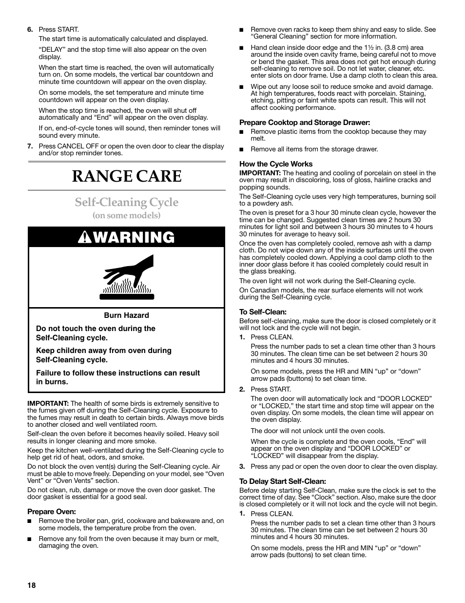 Range care, Warning, Self-cleaning cycle | On some models) | KITCHENAID KERC500  EN User Manual | Page 18 / 24