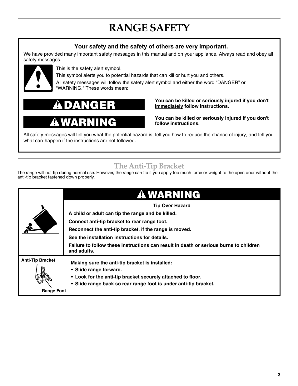 Range safety, Warning, The anti-tip bracket | KITCHENAID KERC500  EN User Manual | Page 3 / 24