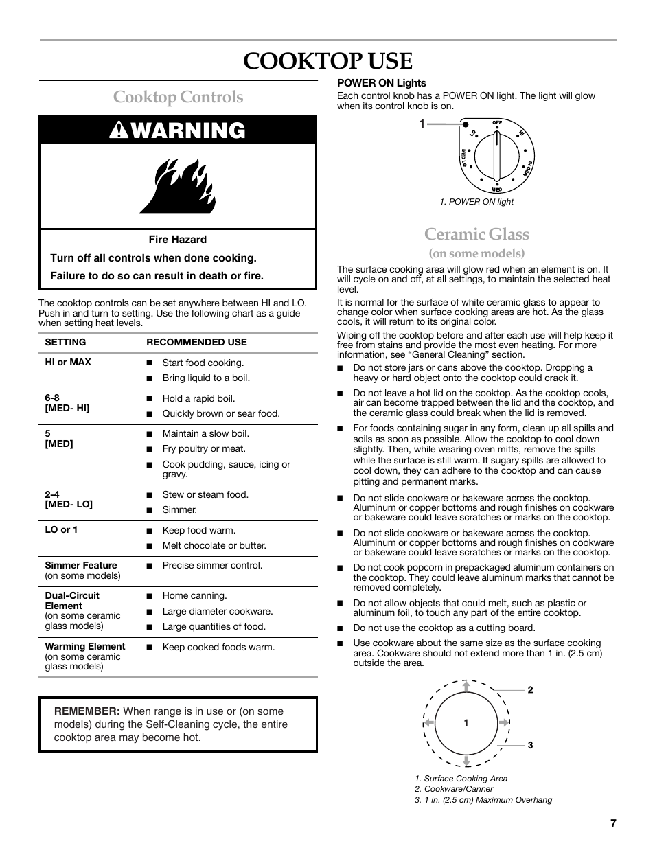 Cooktop use, Warning, Cooktop controls | Ceramic glass, On some models) | KITCHENAID KERC500  EN User Manual | Page 7 / 24