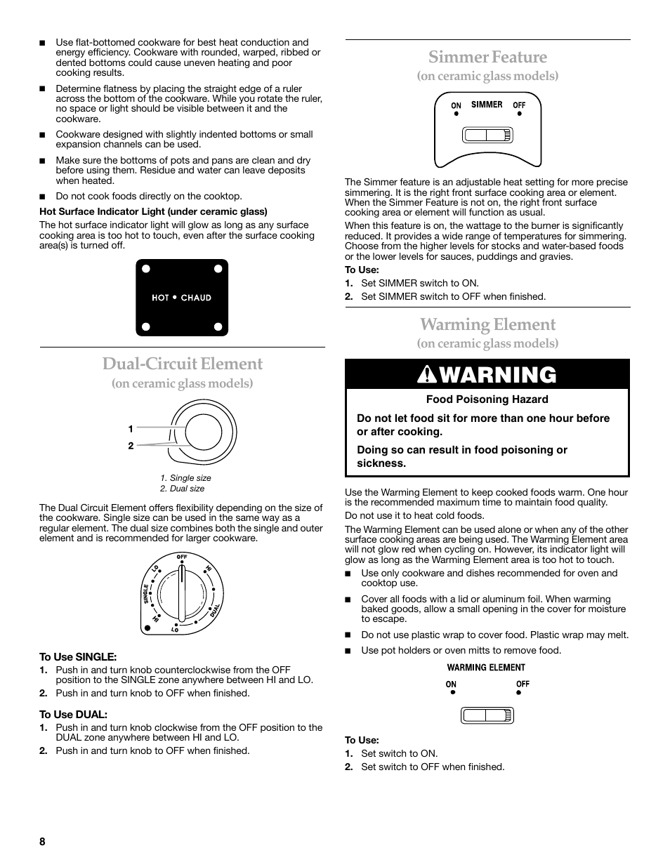 Warning, Dual-circuit element, Simmer feature | Warming element | KITCHENAID KERC500  EN User Manual | Page 8 / 24