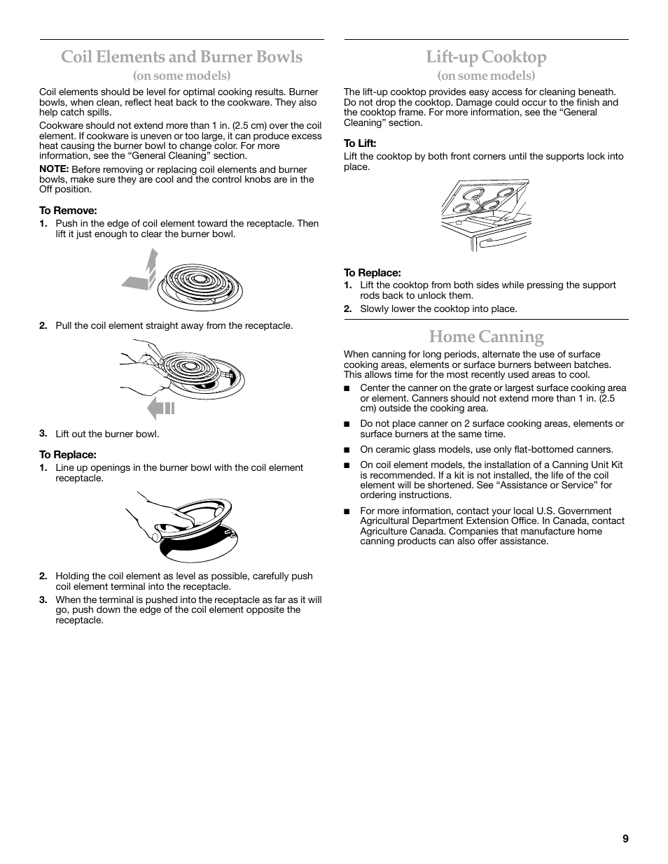 Coil elements and burner bowls, Lift-up cooktop, Home canning | KITCHENAID KERC500  EN User Manual | Page 9 / 24