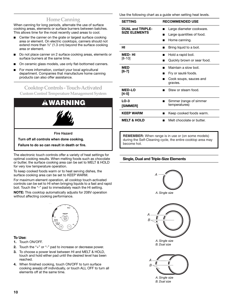 Warning, Home canning, Cooktop controls - touch-activated | Custom control temperature management system | KITCHENAID ARCHITECT KESS907 User Manual | Page 10 / 32