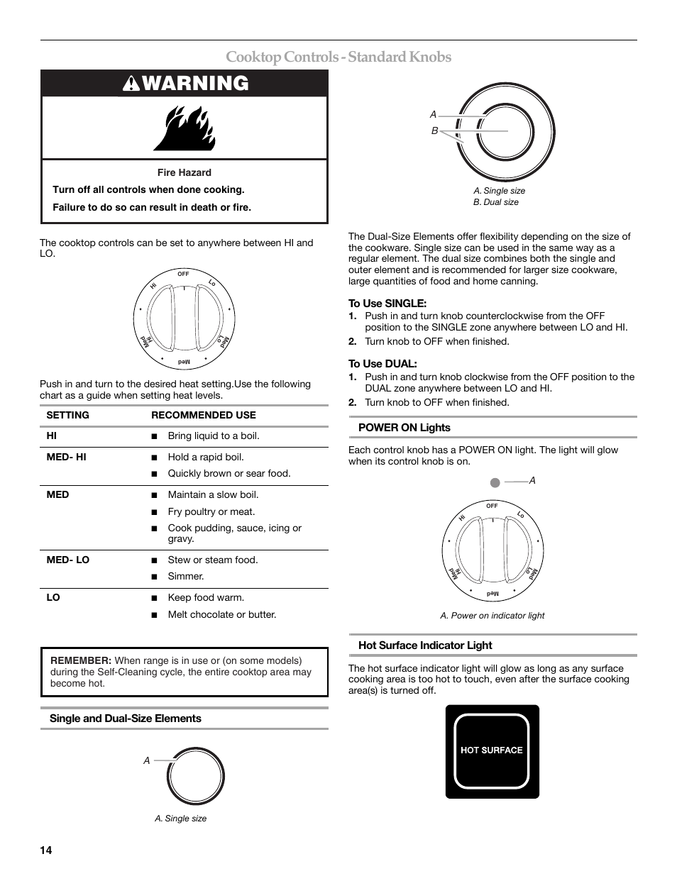 Warning, Cooktop controls - standard knobs | KITCHENAID ARCHITECT KESS907 User Manual | Page 14 / 32