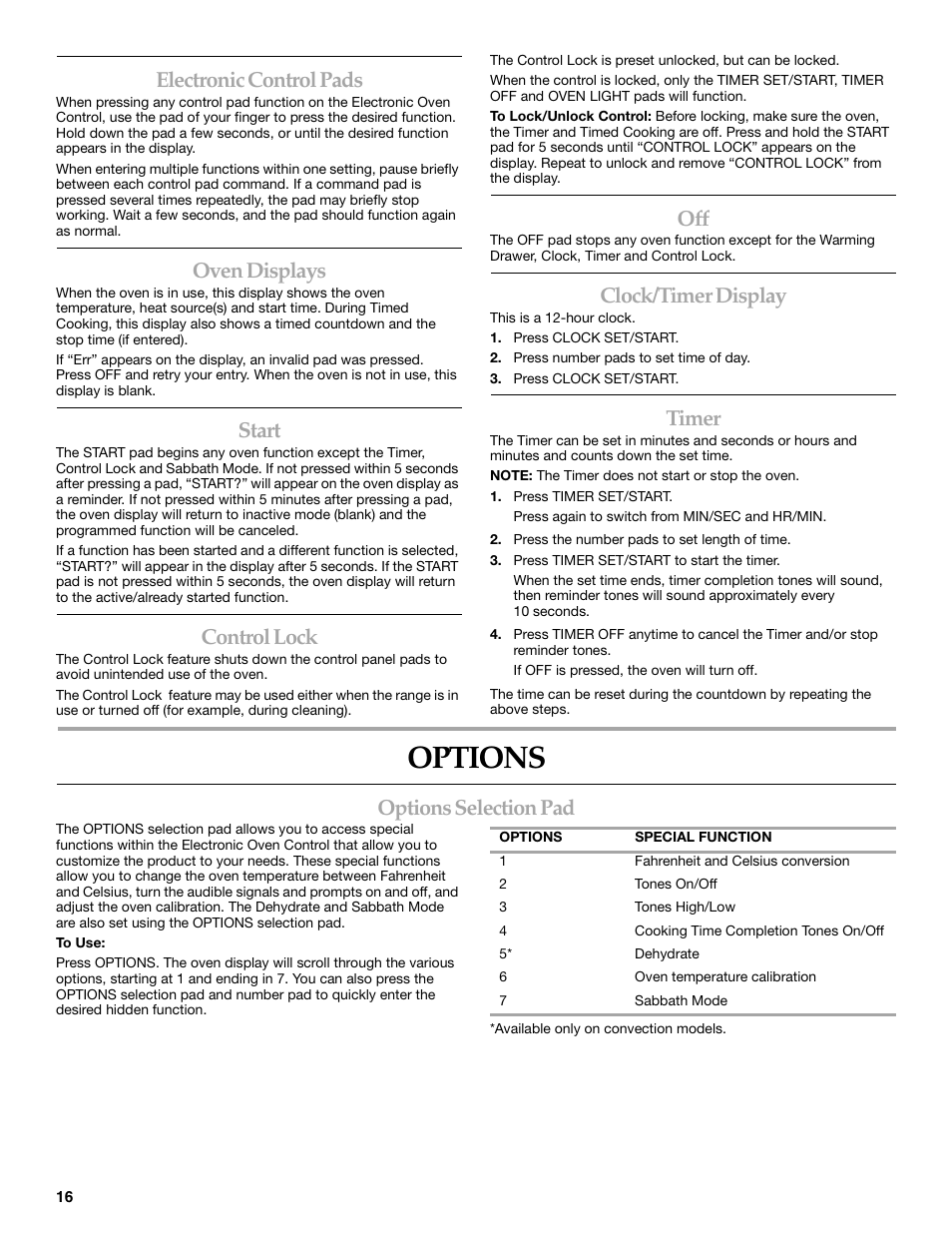 Options, Electronic control pads, Oven displays | Start, Control lock, Clock/timer display, Timer, Options selection pad | KITCHENAID ARCHITECT KESS907 User Manual | Page 16 / 32