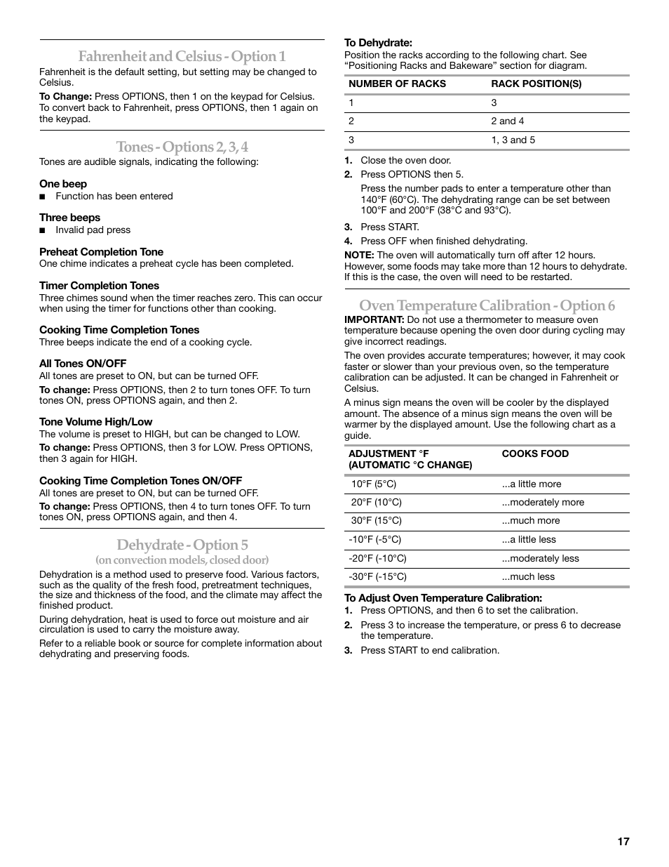 Fahrenheit and celsius - option 1, Tones - options 2, 3, 4, Dehydrate - option 5 | Oven temperature calibration - option 6 | KITCHENAID ARCHITECT KESS907 User Manual | Page 17 / 32