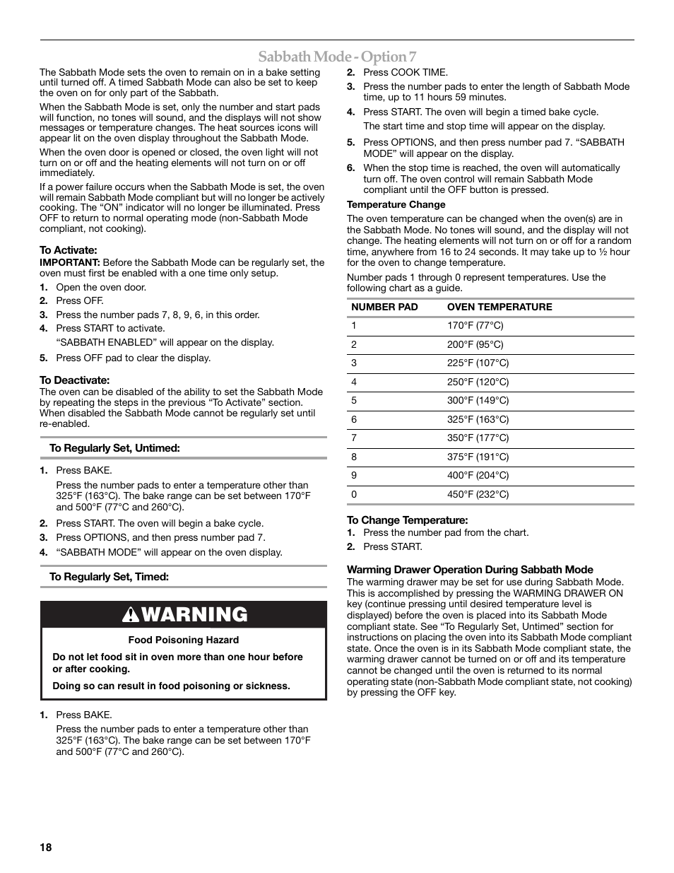 Warning, Sabbath mode - option 7 | KITCHENAID ARCHITECT KESS907 User Manual | Page 18 / 32