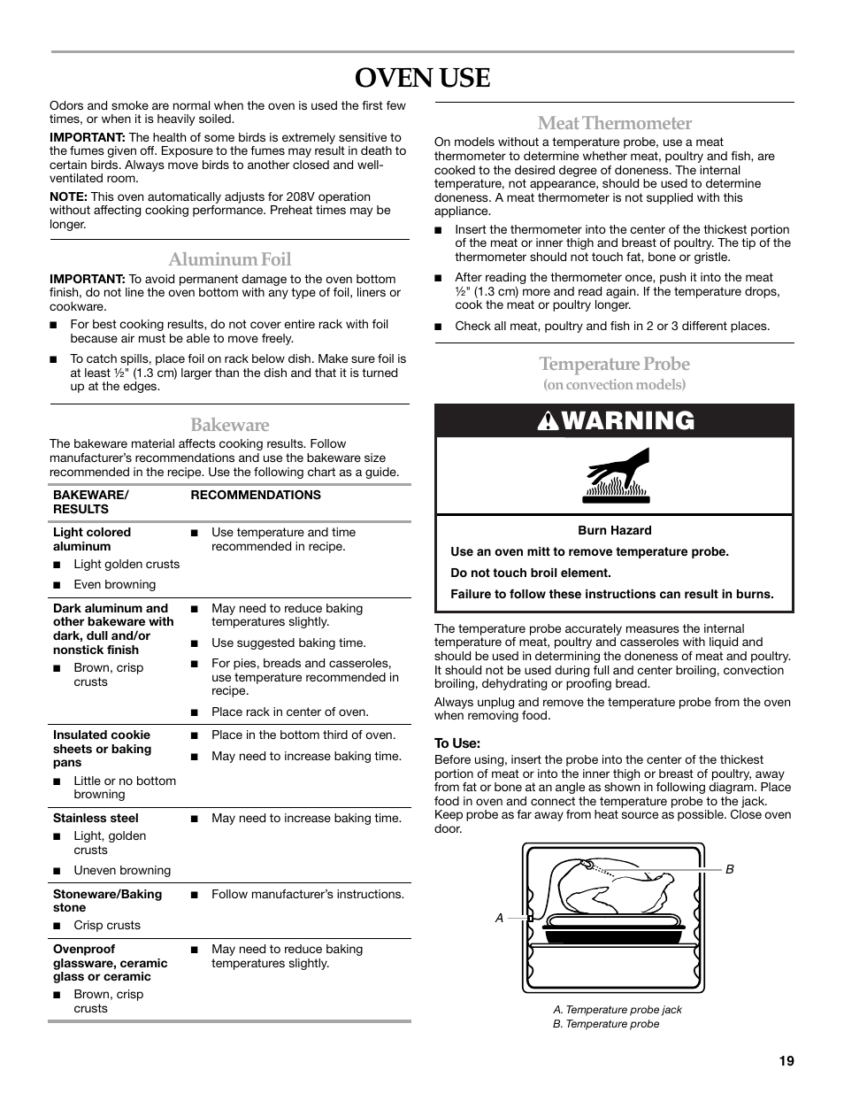 Oven use, Warning, Aluminum foil | Bakeware, Meat thermometer, Temperature probe | KITCHENAID ARCHITECT KESS907 User Manual | Page 19 / 32