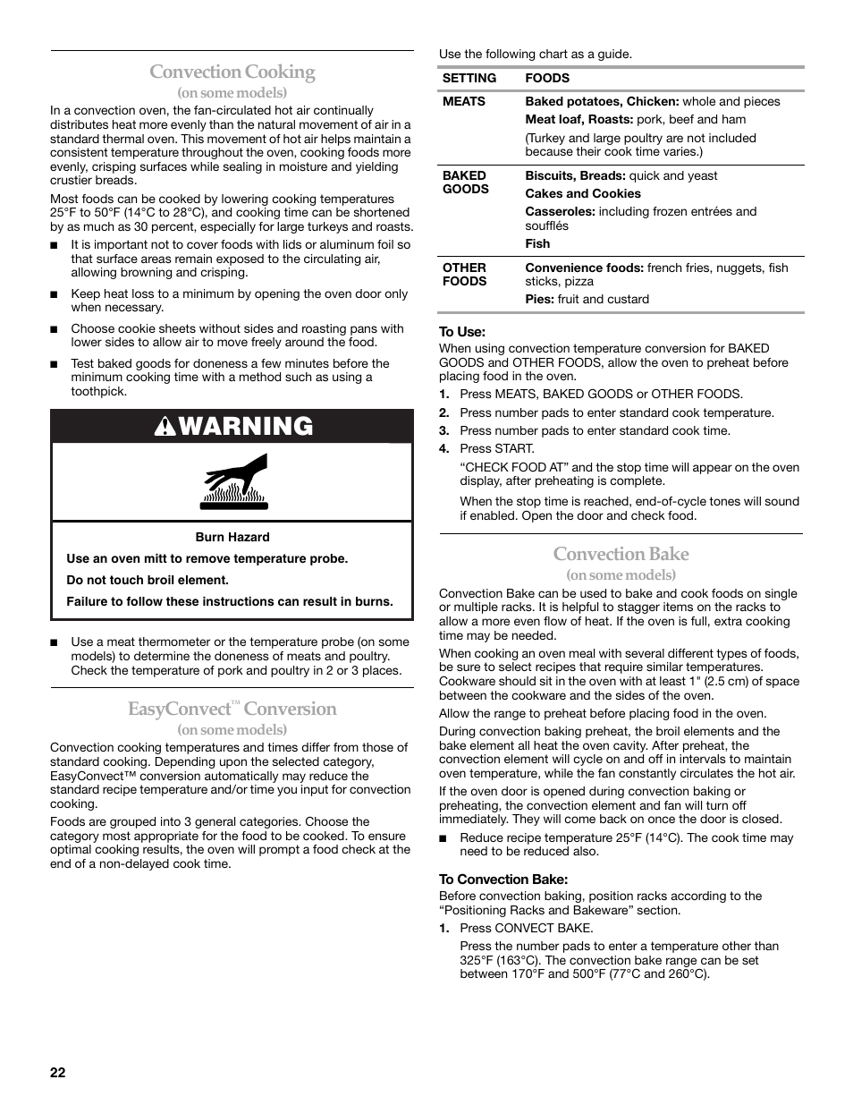Warning, Convection cooking, Easyconvect | Conversion, Convection bake | KITCHENAID ARCHITECT KESS907 User Manual | Page 22 / 32