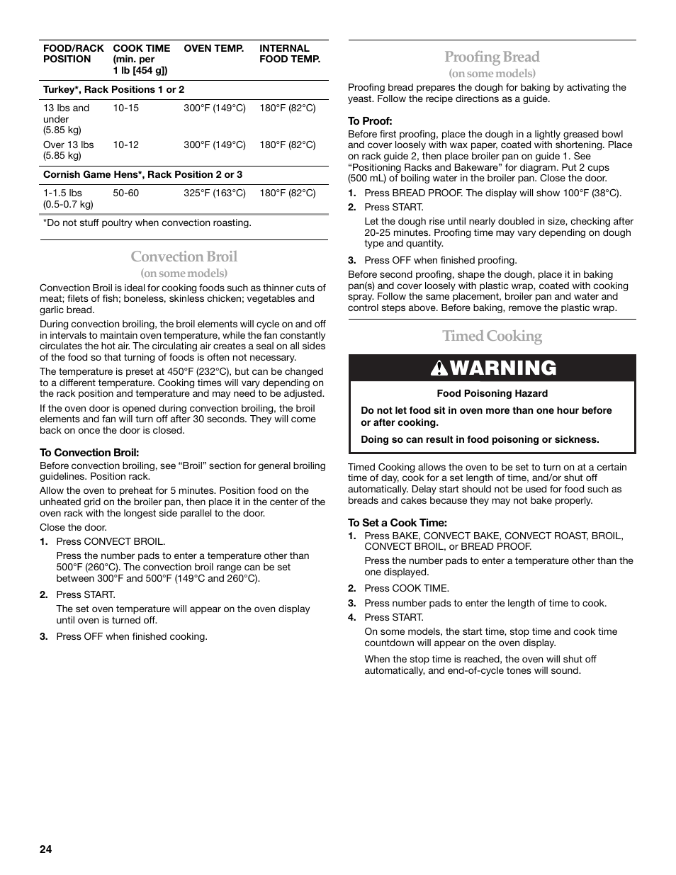 Warning, Convection broil, Proofing bread | Timed cooking | KITCHENAID ARCHITECT KESS907 User Manual | Page 24 / 32