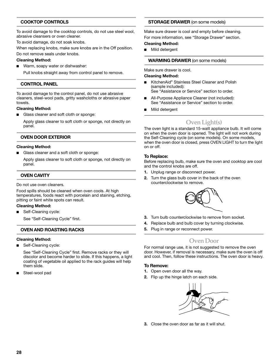 Oven light(s), Oven door | KITCHENAID ARCHITECT KESS907 User Manual | Page 28 / 32